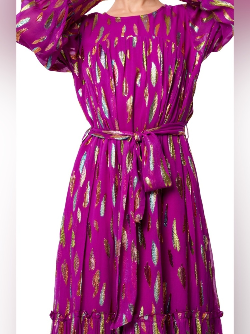 Ciebon Eryn Metallic Print Tie Waist Long Sleeve Maxi Dress XS Chiffon Magenta - Picture 4 of 15